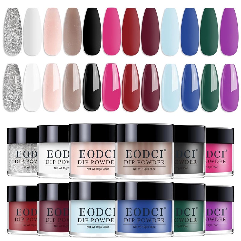 eodci Nail Dip Powder Set, 12 Colors All Seasons Nude Red Blue White Glitter Silver Nail Art Starter Manicure Salon DIY at Home Nail Dipping Powder French No Needed Nail Lamp Cured - Image 1